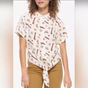 BoxLunch Maruchan Logo Boxy Button Up Tie-Front Woven Short Sleeve Top Size L